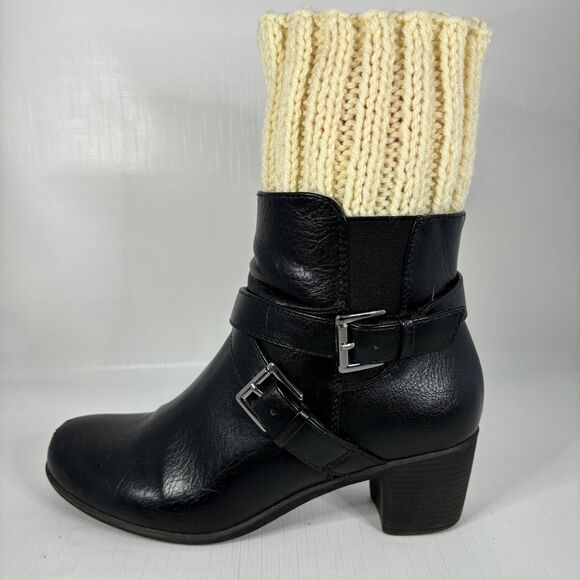 Handmade Ribbed Knit Boot Cuffs Black Cream Toppers Reversible Cabin Core Hiking - Picture 1 of 3